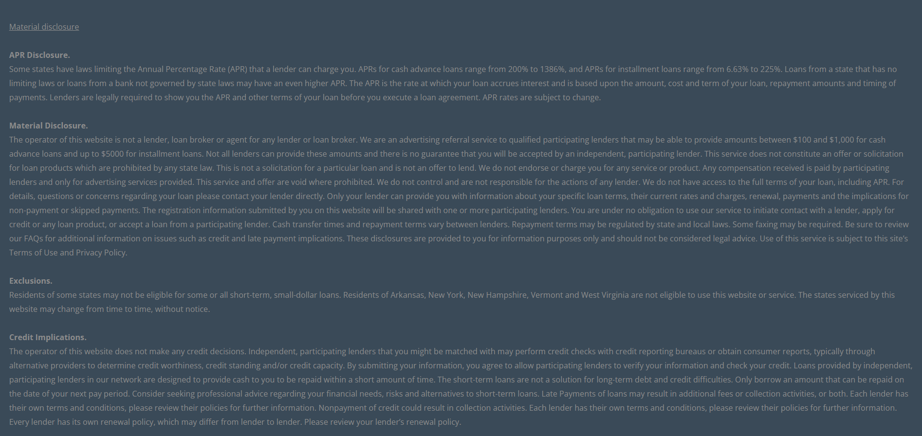 Material disclosure for payday loans in Gresham Oregon